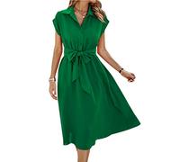 ASOMI Sommerkleid Damen Hemdkleid Kurzarm: Elegant Kurzarm Strandkleid Büro Wickelkleid Mode Tasche Hemdblusenkleid Lässig Blusenkleid Midikleid Knopf Plisseekleid V-Ausschnitt Gürtel A-Grün XL