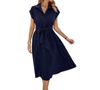 ASOMI Sommerkleid Damen Hemdkleid Kurzarm: Elegant Kurzarm Strandkleid Büro Wickelkleid Mode Tasche Hemdblusenkleid Lässig Blusenkleid Midikleid Knopf Plisseekleid V-Ausschnitt Gürtel A-Dunkelblau XL