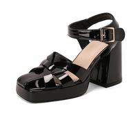 Asterisco Damen Plateau Sandals Hohen Blockabsatz Schnalle Knöchelriemchen Square Toe 260146 Schwarz Gr 41 Eu/43Cn
