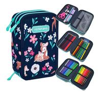 ASTRABAG 3-Fach Mäppchen Federmappe Gefüllt dreifaches Federmäppchen, Schüleretui 3-stöckig Jungen, Federtasche XXL, Federmäppchen mit Zubehör, Baby Deer