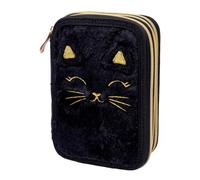 ASTRABAG 3-Fach Mäppchen Federmappe Gefüllt Jumbo Fluffy Kitty Black mit Plüsch und Ohren