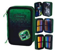 ASTRABAG Pixel Hero 3-Fach Mäppchen Federmappe Gefüllt dreifaches Federmäppchen, Schüleretui 3-stöckig Jungen, Federtasche XXL, Federmäppchen mit Zubehör, Motiv - Game
