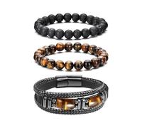 AstraGlam Herren Armband Set Schwarzes Leder Armband für Männer Tigerauge Armband 8mm Lavastein Perlen Armband Verstellbares Stretch Herren Armband