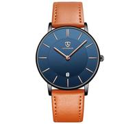 aswan watch Flache Herren Analog Quarz Armbanduhr mit Lederarmband, Datum, 2 Zeiger, 39 mm Gehäusegröße