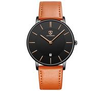 aswan watch Flache Herren Analog Quarz Armbanduhr mit Lederarmband, Datum, 2 Zeiger, 39 mm Gehäusegröße