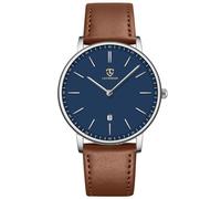 aswan watch Flache Herren Analog Quarz Armbanduhr mit Lederarmband, Datum, 2 Zeiger, 39 mm Gehäusegröße