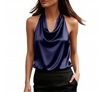 Asymmetrisch-Seidentop Damen Elegant Ärmellos Oberteile Tank-Tops Satinbluse Einfarbig Damenbluse Silk-Blouse Camisole Blusentops Trägertop Ärmellose Wasserfallkragen Blusen Shirt Weste