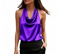 Asymmetrisch-Seidentop Damen Elegant Ärmellos Oberteile Tank-Tops Satinbluse Einfarbig Damenbluse Silk-Blouse Camisole Blusentops Trägertop Ärmellose Wasserfallkragen Blusen Shirt Weste
