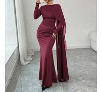Asymmetrischer Cape-Kragen Swing-Taille plissiertes Metall-Dekor A-Linie elegantes romantisches anspruchsvolles Damen-Kleid, Samtgewebe, Herbst/Winter