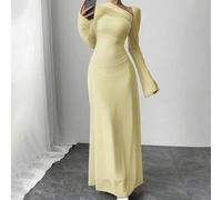Asymmetrischer Kragen Slim Langarm A-Linie Maxikleid für Damen im Herbst