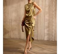 ASYMMETRISCHES ÄRMELLOSES ELEGANTES SATINKLEID, GRAZIÖS FÜR PARTYS, VINTAGE-STIL, FRÜHLING/SOMMER