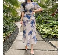 Asymmetrisches Blumenprint Laternärmel Fischrücken Rüschensaum Midi-Kleid für Frauen Sommerkleid Ostern