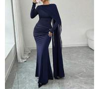 Asymmetrisches Cape-Kragen Swing-Taille plissiertes Metall-Dekor A-Linie elegantes romantisches anspruchsvolles Damen-Samtkleid, Herbst/Winter