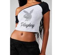 Asymmetrisches Crop Top mit freier Schulter, verziertem Hasen-Logo und kurzen Ärmeln