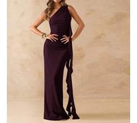 Asymmetrisches gerafftes rückenfreies Maxikleid aus Mesh mit Rüschensaum, elegantes Damenkleid für Urlaub & Strand, Frühling/Sommer