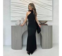 Asymmetrisches Neckholder Rückenfreies Satinkleid in Schwarz, elegant, formell, Abendkleid für Abschlussball, Dinnerparty