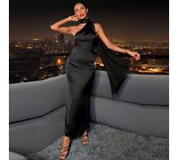 Asymmetrisches Neckholder Rückenfreies Satinkleid in Schwarz, elegant, formell, Abendkleid für Abschlussball, Dinnerparty