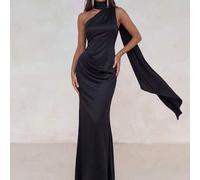Asymmetrisches Neckholder Rückenfreies Satinkleid in Schwarz, elegant, formell, Abendkleid für Abschlussball, Dinnerparty