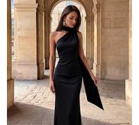 Asymmetrisches Neckline, drapiertes rückenfreies Satinkleid, schwarz, elegant, formell, Abendkleid, Ballkleid, Hochzeitsgastkleid, für Abschlussfeier,