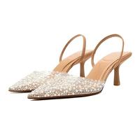 ATBELL Pearl Kitten Heels für Damen, spitzer Zehenbereich, Netzstoff, Strass, Absatz, transparent, PVC, Stiletto, mittelhoher Absatz, für Hochzeit, Party, Kleid, Braut, Pumps, Beige, 39.5 EU