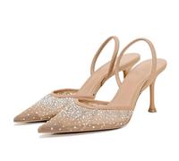 ATBELL Pearl Kitten Heels für Damen, spitzer Zehenbereich, Netzstoff, Strass, Absatz, transparent, PVC, Stiletto, mittelhoher Absatz, für Hochzeit, Party, Kleid, Braut, Pumps, Beige Mesh, 38.5 EU