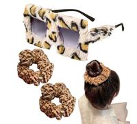 ATBUSS 1 Brille Mit Leopardenmuster Und 2 Haarbänder Mit Leopardenmuster, Katzenaugen-Sonnenbrille, Modische Retro-Accessoires, Requisiten Für Fotomodelle.