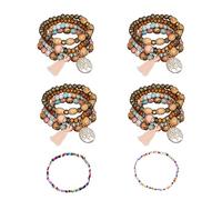 ATBUSS 4 stück Holzperlen Liu Su Armbänder, mit 2 stück farbigen feinen Perlen Handseilen, böhmische Armbänder, Damen mehrlagige elastische Armbänder, Baum des Lebens Anhänger Schmuck