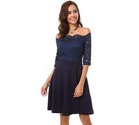 Atnlewhi Damen Vintage Spitze Blumen Schulterfrei Elegant Swing Kleider Sexy Minikleid für Party Cocktail Hochzeit, Swing-blau, Mittel