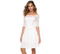 Atnlewhi Damen Vintage Spitze Floral Schulterfrei Elegant Swing Kleider A-Linie Minikleid für Party Cocktail Hochzeit, Swing-Weiß, X-Groß