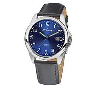 Atrium Herren-Armbanduhr Edelstahl silberfarben Analog Quarz 10 bar mit Datum, Leuchtzeiger, sehr deutliches Zifferblatt Dunkelblau und Lederband schwarz A16-15