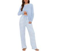 Atxnn Schlafanzug Damen Baumwolle Pyjama Herbst Frühling Nachtwäsche Langarm Sleepshirt Gestreift Hose Hausanzug mit Taschen, HELLBLAU S