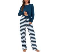 Atxnn Schlafanzug Damen Baumwolle Pyjama Herbst Sommer Frühling Nachtwäsche | Gestreift Hose Hausanzug丨Oberteil mit Taschen丨Kordelzug Verstellbar丨Weich丨Bequem丨Frühling丨Sommer丨Herbst丨Für zu Hause丨Alltag