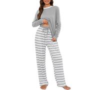 Atxnn Schlafanzug Damen Baumwolle Pyjama Herbst Sommer Frühling Nachtwäsche | Gestreift Hose Hausanzug丨Oberteil mit Taschen丨Kordelzug Verstellbar丨Weich丨Bequem丨Frühling丨Sommer丨Herbst丨Für zu Hause丨Alltag