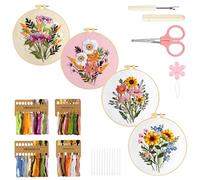 AUAUY 4 Stück Blumen Sticken Set, mit Werkzeuge Stickrahmen, 4 Blumenmuster | Stickerei Set Anfänger, für DIY Kunst Handwerk, Erwachsene Stickerei Set, Handstickerei-Kits, für DIY Kunst, Handwerk