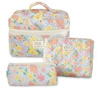 Aucuu 3PCS Set Kosmetiktasche, Reise Kosmetiktasche Set Damen, Kulturtasche Damen mit Blumenmuster, Gesteppte Kulturtasche, Kulturbeutel Make Up Tasche, Tragbare Schminktasche für Mädchen Frauen