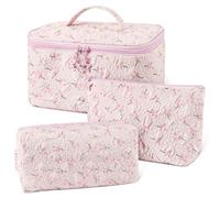 Aucuu 3PCS Set Kosmetiktasche, Reise Kosmetiktasche Set Damen, Kulturtasche Damen mit Blumenmuster, Gesteppte Kulturtasche, Kulturbeutel Make Up Tasche, Tragbare Schminktasche für Mädchen Frauen