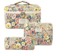 Aucuu 3PCS Set Kosmetiktasche, Reise Kosmetiktasche Set Damen, Kulturtasche Damen mit Blumenmuster, Gesteppte Kulturtasche, Kulturbeutel Make Up Tasche, Tragbare Schminktasche für Mädchen Frauen