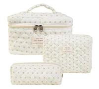 Aucuu 3PCS Set Kosmetiktasche, Reise Kosmetiktasche Set Damen, Kulturtasche Damen mit Blumenmuster, Gesteppte Kulturtasche, Kulturbeutel Make Up Tasche, Tragbare Schminktasche für Mädchen Frauen