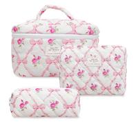 Aucuu 3PCS Set Kosmetiktasche, Reise Kosmetiktasche Set Damen, Kulturtasche Damen mit Blumenmuster, Gesteppte Kulturtasche, Kulturbeutel Make Up Tasche, Tragbare Schminktasche für Mädchen Frauen