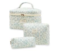 Aucuu 3PCS Set Kosmetiktasche, Reise Kosmetiktasche Set Damen, Kulturtasche Damen mit Blumenmuster, Gesteppte Kulturtasche, Kulturbeutel Make Up Tasche, Tragbare Schminktasche für Mädchen Frauen