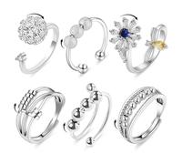 Aucuu 6 Stück Angst Spinning Ringe für Damen mit Perlen Band Ring, Offener Ringe Fidget Spinner Ringe, Zirkonia Zappelringe, Verstellbare Stapelbare für Stress Abbauen