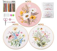 Aucuu Stickset für Anfänger, 3 Stück Sticken Set Erwachsene, Blumenmuster Pflanzen Sticken Set, Embroidery Starter Kits, Kreuzstich Set, Erwachsene Stickerei Set mit 1 Stickrahmen 6 Nadel 34 Stickgarn