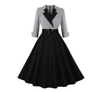 Audrey Hepburn Kleid Damen 50er Jahre Rockabilly Cocktailkleid Vintage Hepburn Kleid V-Ausschnitt 3/4 Ärmel Bund Großer Saum Kleid Rockabilly Kleider Damen Festlich Große Größen Abendkleider