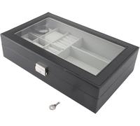 Aufbewahrungsbox für Uhren, Schmuck-Vitrine, 4 Uhrenfächer mit 3 Brillenfächern und Ringschicht, PVC-Leder mit weichem Samtfutter und Metallschloss