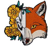 Aufnäher, bestickt, Design: Halber Fuchs und halber Blumenschädel, zum Aufbügeln oder Aufnähen