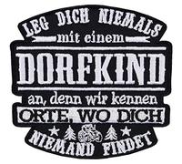 Aufnäher Dorfkind Aufbügler bestickter Rocker Biker Patch mit lustigem Spruch Austria Bügelbilder Motorrad Sticker zum aufnähen Dorf Geschenk Applikation für Jacken/Hut/Jeans/Taschen 90x85mm