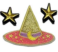 Aufnäher Zauberer Patches bestickt für Jacken Bügel-Applikation-Bild-Flicken Stickerei Aufbügler Set Hut zum aufbügeln " 3 er Set Zauberer- Hut 8 cm zwei Sterne je 4 cm gold “