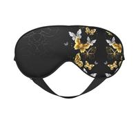 Augenmaske mit goldfarbenen weißen Schmetterlingen, schwarz, doppelseitig, weich, Verdunkelung, Augenmaske, Nachtschlaf-Augenmaske