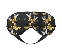 Augenmaske mit goldfarbenen weißen Schmetterlingen, schwarze Augenmaske, Unisex, Schlaf-Augenabdeckungen mit verstellbaren Trägern, Reise-Augenmaske
