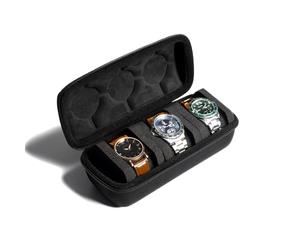 AUKURA Hartschalen-Reise-Etui mit 3 Schlitzen, Uhrenrolle, Aufbewahrung und Organizer für Damen und Herren, mit Anti-Bewegungs-Uhrenkissen (schwarzer Stoff, 3 Fächer)